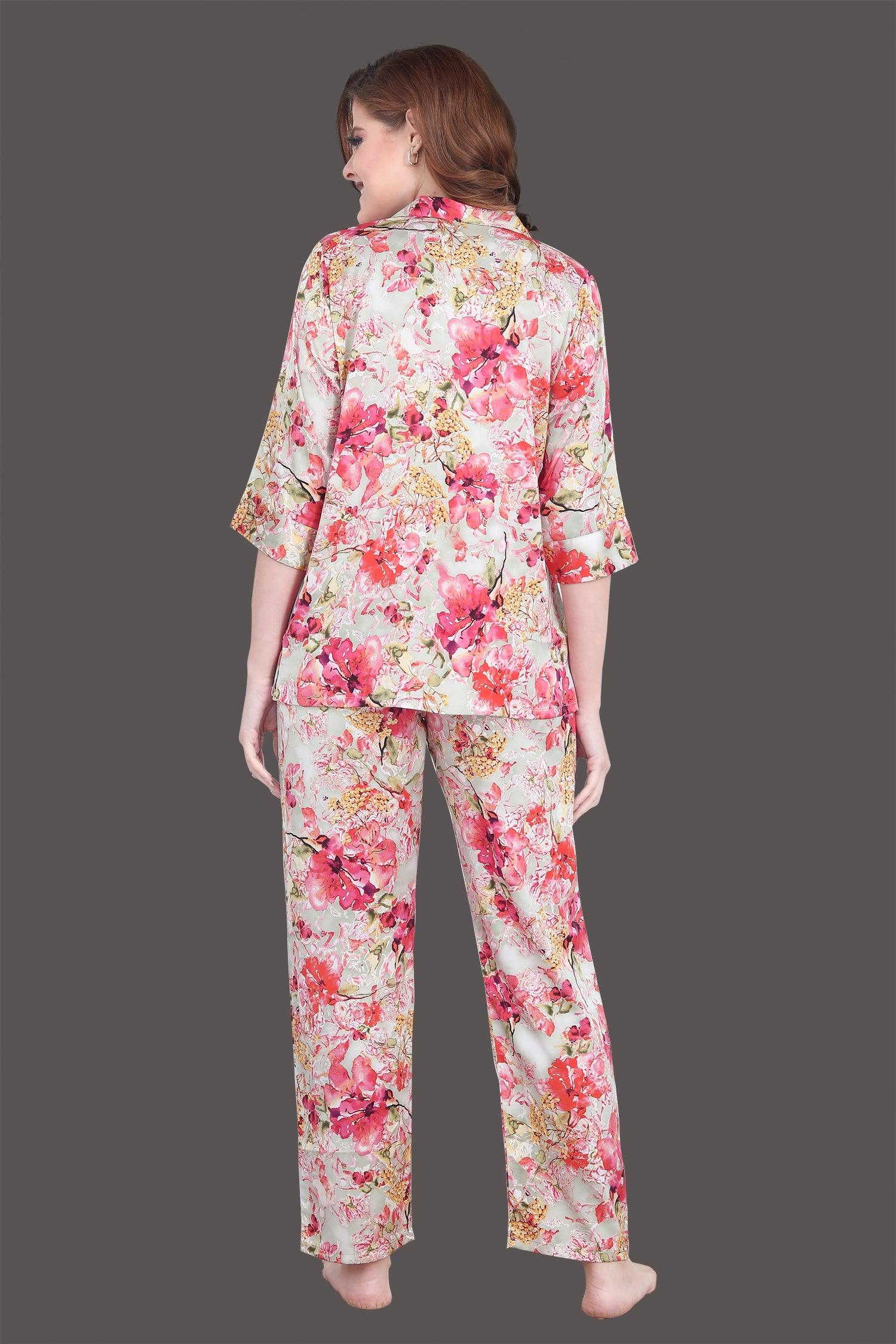 Velure Luxurious Floral Print Satin Night Suit - Velure - Shirt and Pant - 3/4 Sleeves, Collar Neck, Floral Print, Front Button Open, Full Length Pant, Satin