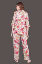 Velure Luxurious Floral Print Satin Night Suit - Velure - - 3/4 Sleeves, Collar Neck, Floral Print, Front Button Open, Full Length Pant, Satin