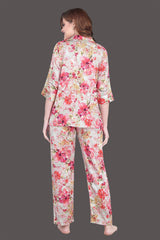 Velure Luxurious Floral Print Satin Night Suit - Velure - Shirt and Pant - 3/4 Sleeves, Collar Neck, Floral Print, Front Button Open, Full Length Pant, Satin