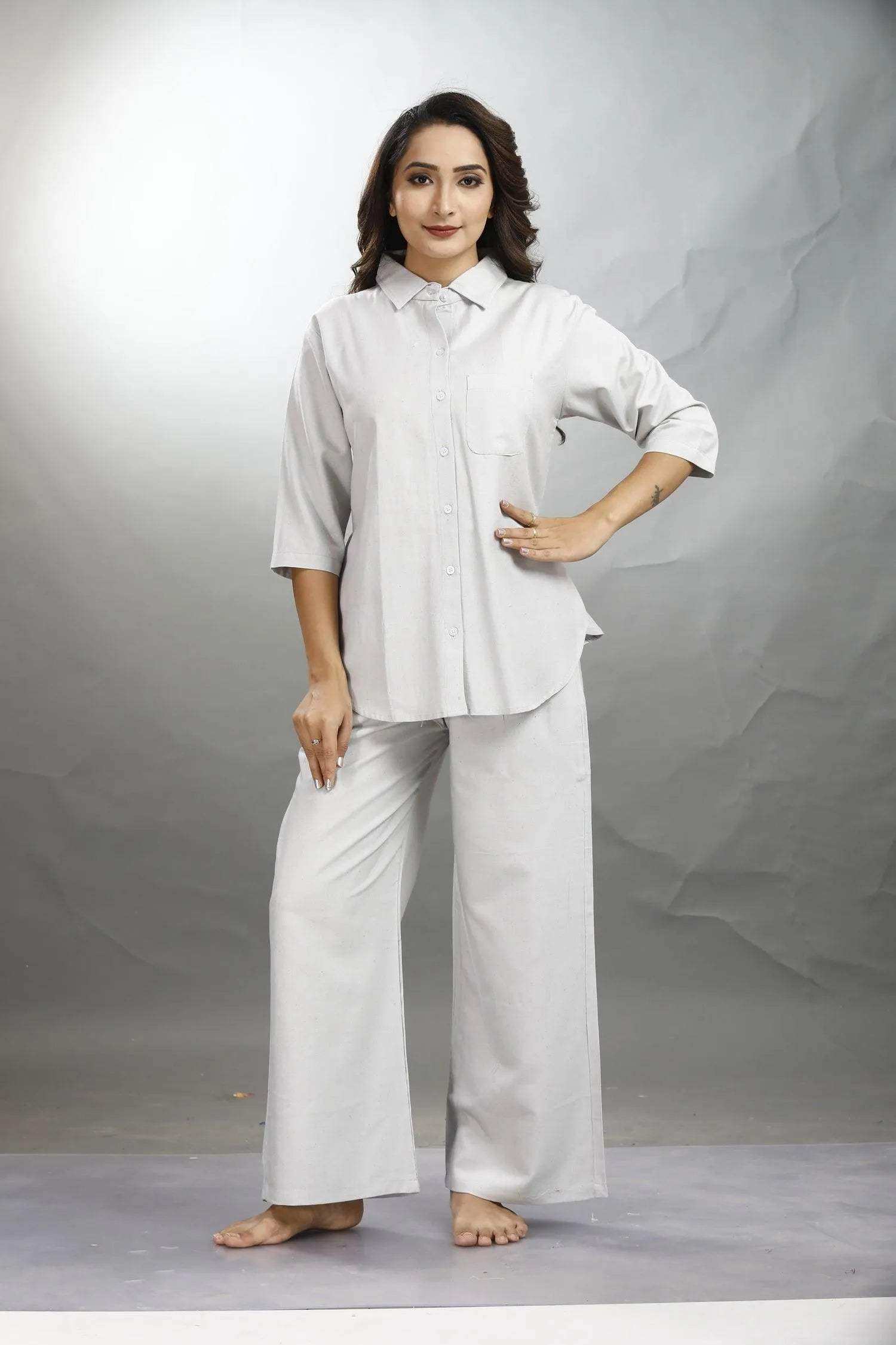 Velure Classic Grey Palazzo Co-ord Set - Velure - - 3/4 Sleeves, Collar Neck, Front Button Open, Full Length Pant