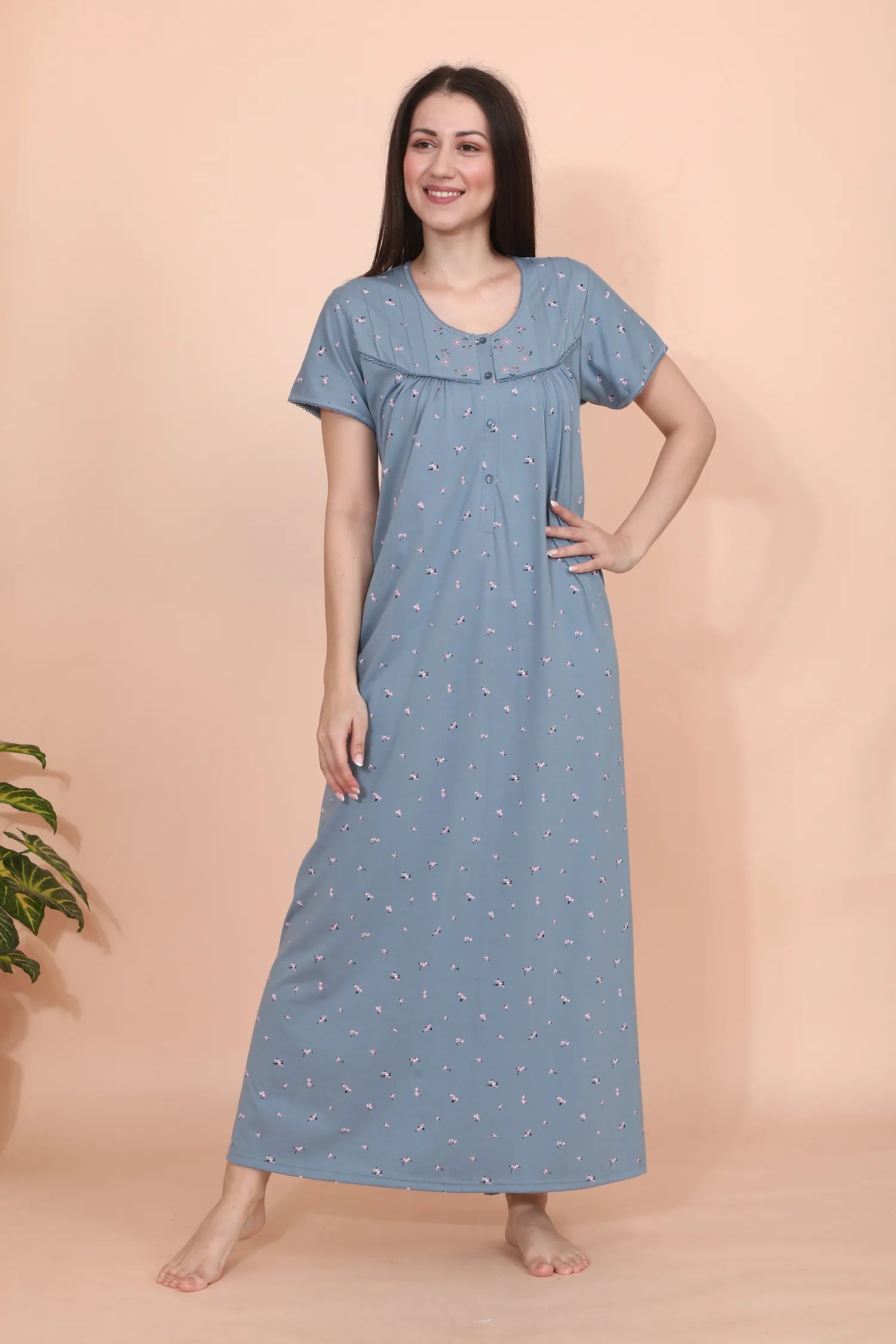Velure Blue Floral Print Hosiery Nighty