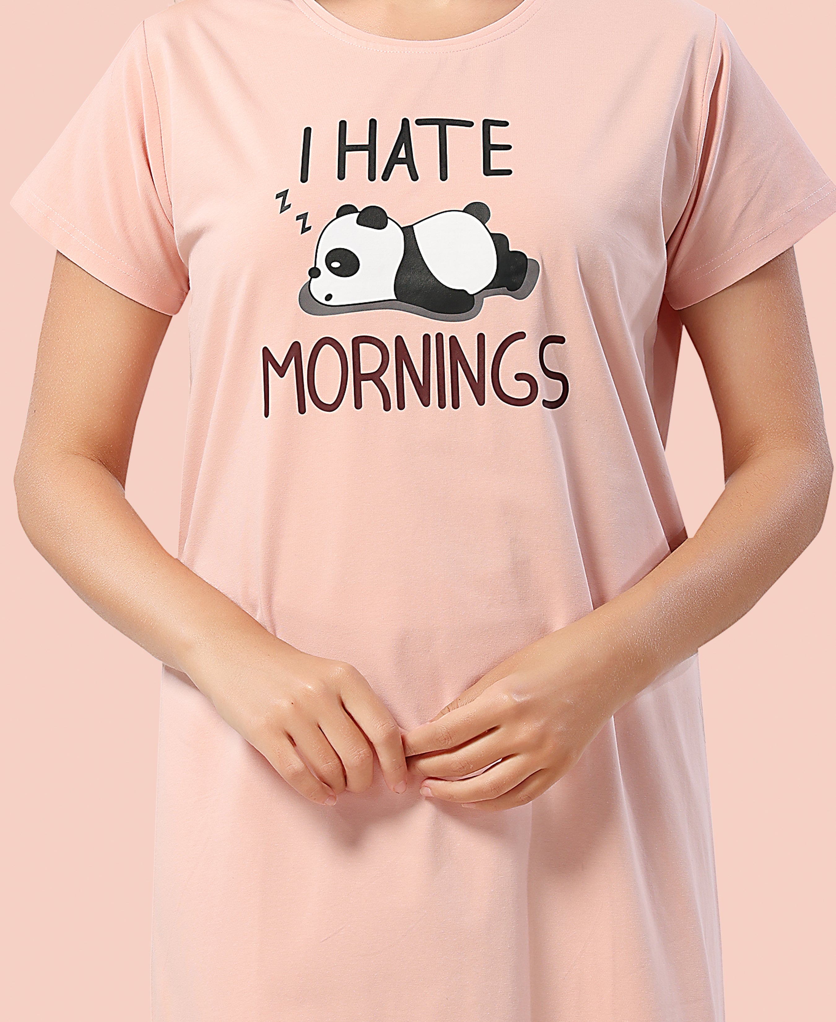 Velure Dreamy Lazy Panda Short Nighty - Velure - - Cotton, Half Sleeves, Knee Length, Printed, Round neck