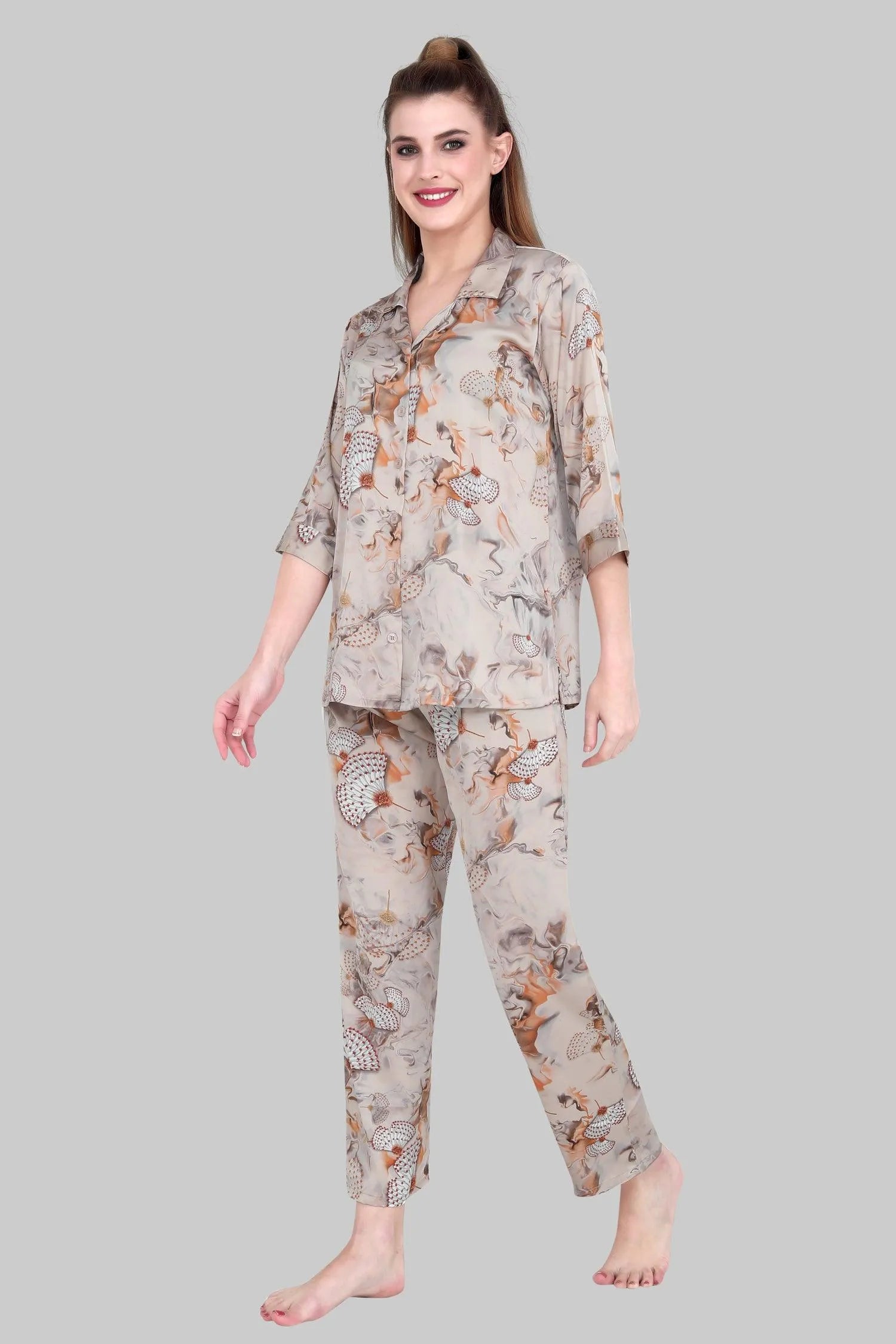 Velure Glorious Floral Print Satin Night Suit - Velure, Shirt and Pant, Upgrade your closet with the expertly-crafted Velure Glorious Floral Print Satin Night Suit in a light grey hue. Made from high-quality satin, this suit provides a plush, comforting texture. The polished satin collar adds a touch of elegance and exclusivity to the overall aesthetic.