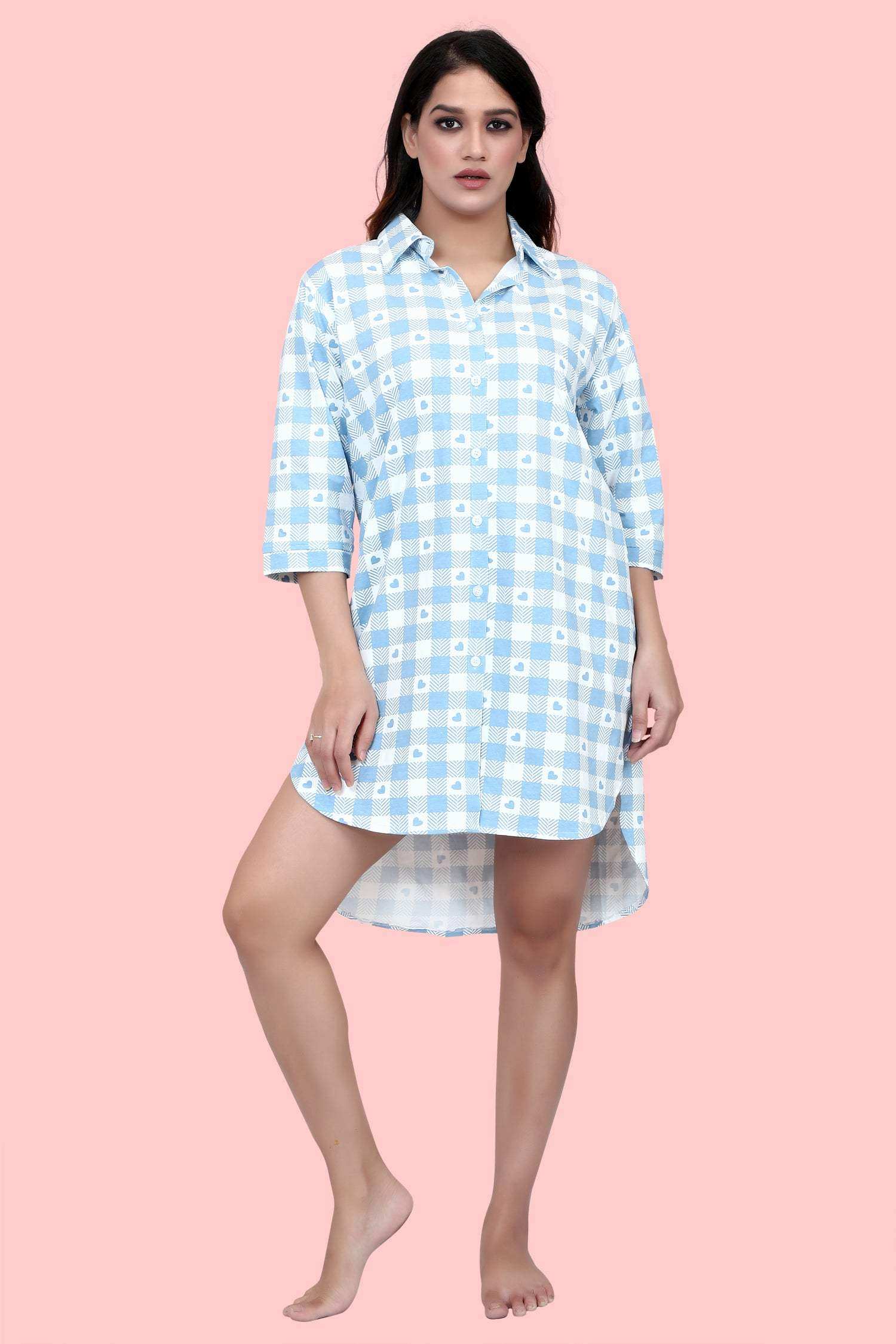 Velure Blue Checked Heart Print Short Night Shirt - Velure - - 3/4 Sleeves, Collar Neck, Cotton, Front Button Open, Knee Length
