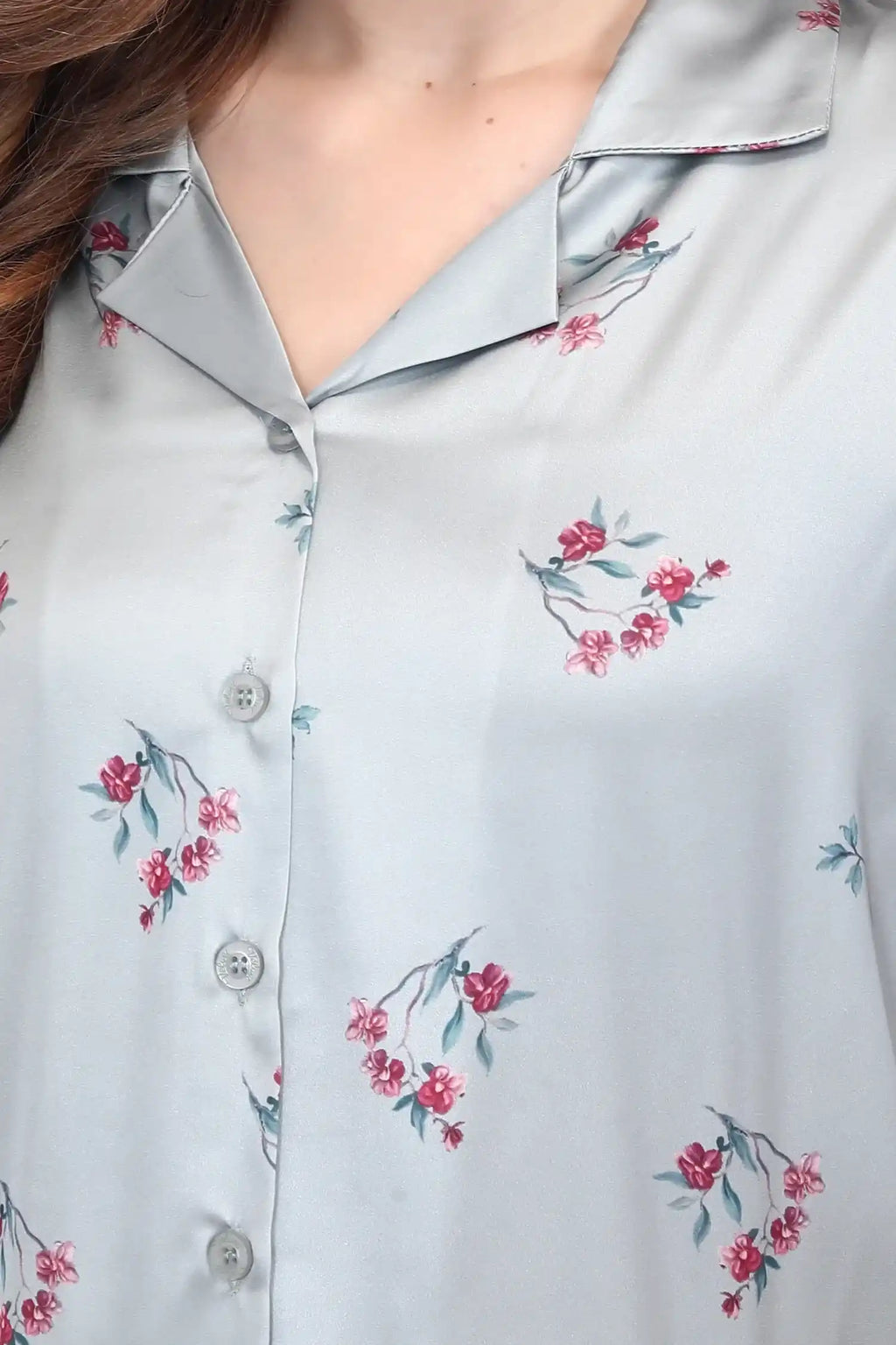 Velure Stunning Grey Floral Print Satin Night Suit