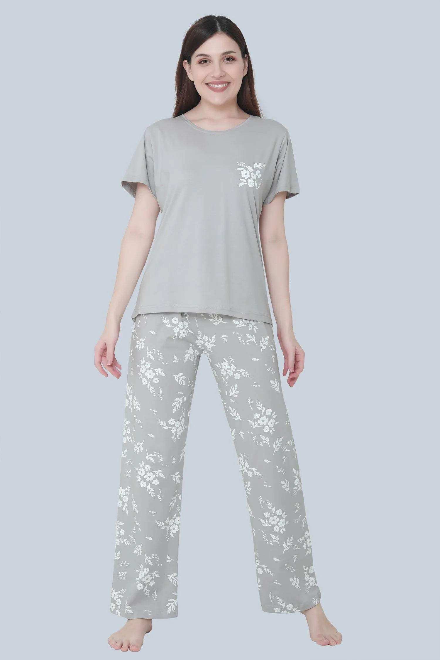Velure Trendy Floral Print Pajama Set - Velure - - Cotton Lycra Fabric, Floral Print, Full Length Pant, Half Sleeves, Round neck nightsuit