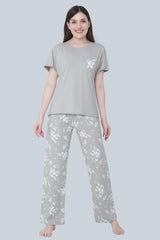 Velure Trendy Floral Print Pajama Set - Velure - T-Shirt and Pant - Cotton Lycra Fabric, Floral Print, Full Length Pant, Half Sleeves, Round neck nightsuit