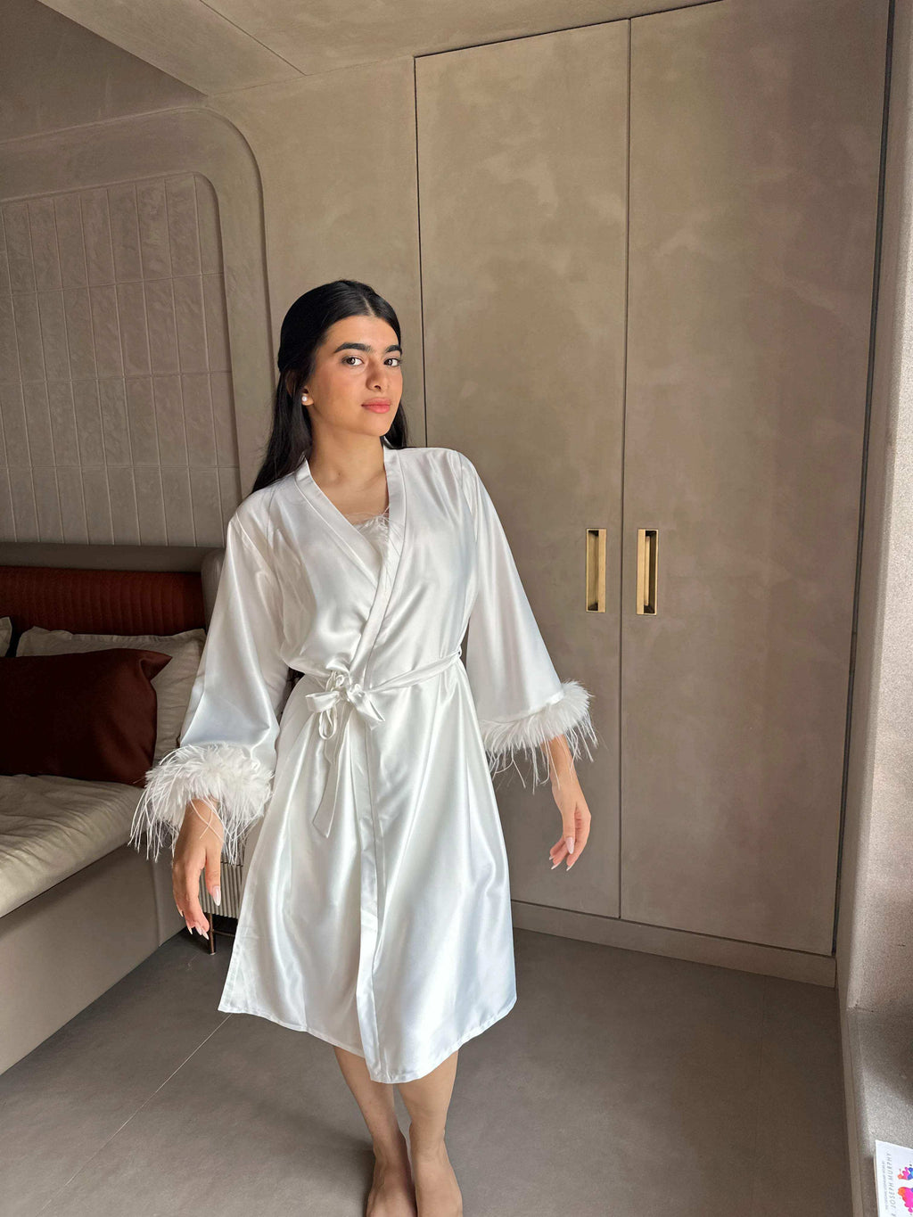 Velure Fuzzy White Robe (Only Robe) - Velure - - 3/4 Length, Center Drawstring, Robe, Satin