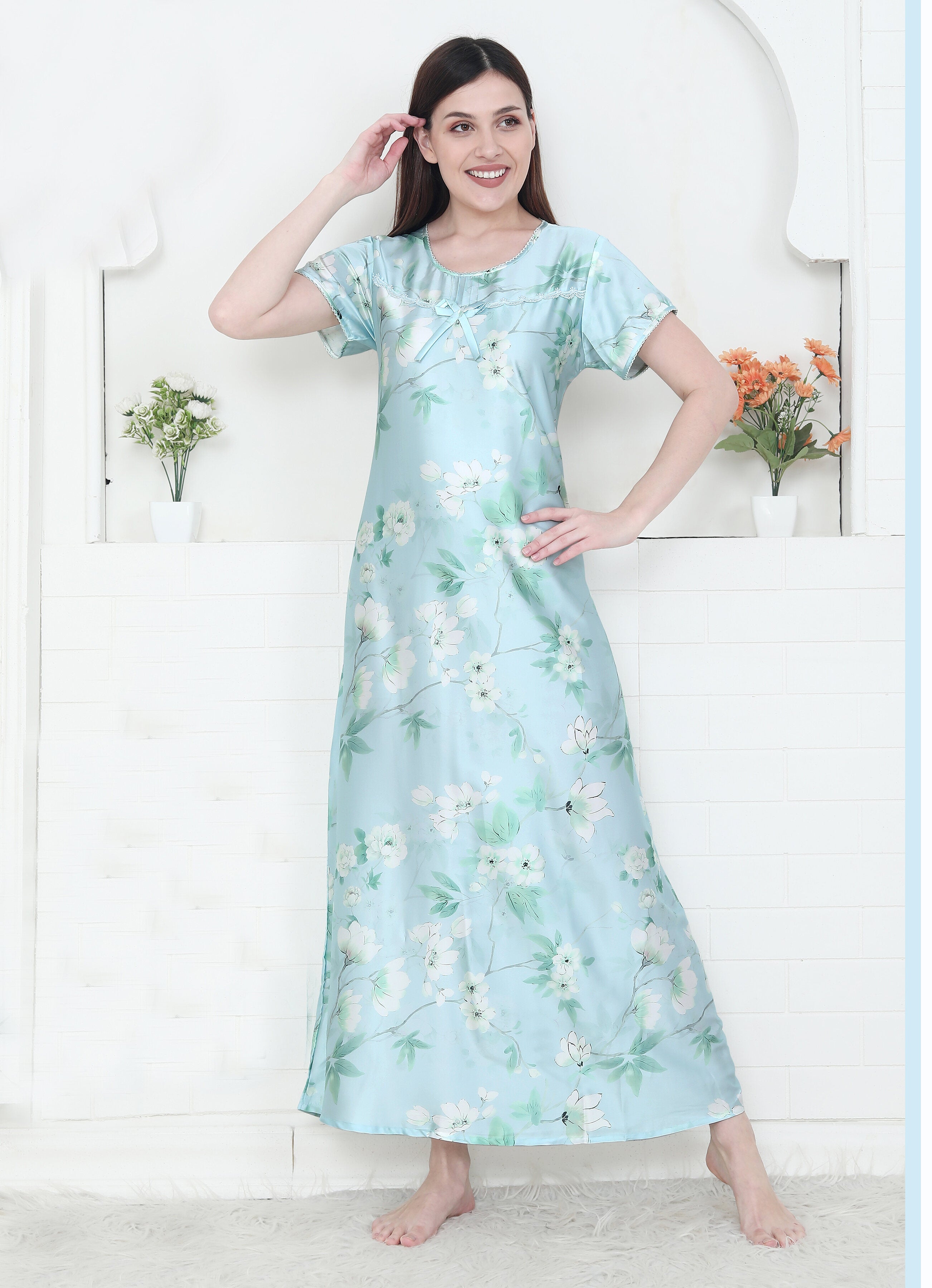Velure Soothing Floral Print Satin Nighty - Velure - - Floral Print, Full Length Nighty, Half Sleeves Nighty