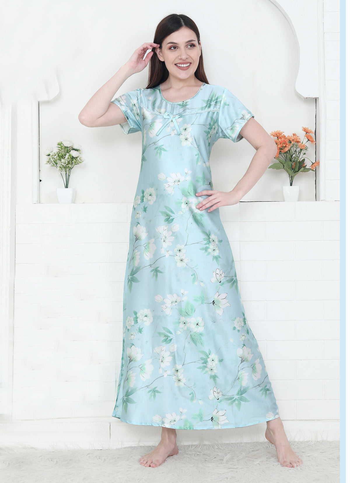 Velure Soothing Floral Print Satin Nighty - Velure - - Floral Print, Full Length Nighty, Half Sleeves Nighty