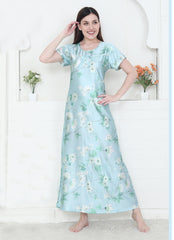 Velure Soothing Floral Print Satin Nighty - Velure - - Floral Print, Full Length Nighty, Half Sleeves Nighty