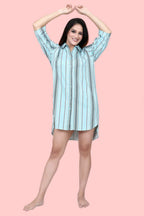Velure Ethnic Stripes Short Night Shirt - Velure - - Collar Neck, Cotton, Front Button Open, Knee Length, Stripes