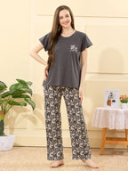 Velure Pleasant Blossom Print Pajama Set - Velure - - Cotton Lycra Fabric, Full Length Pant, Half Sleeves, Round neck nightsuit