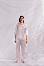 Velure Leopard Print Satin Night Suit - Velure - - 3/4 Sleeves, Collar Neck, Front Button Open, Full Length Pant, Satin