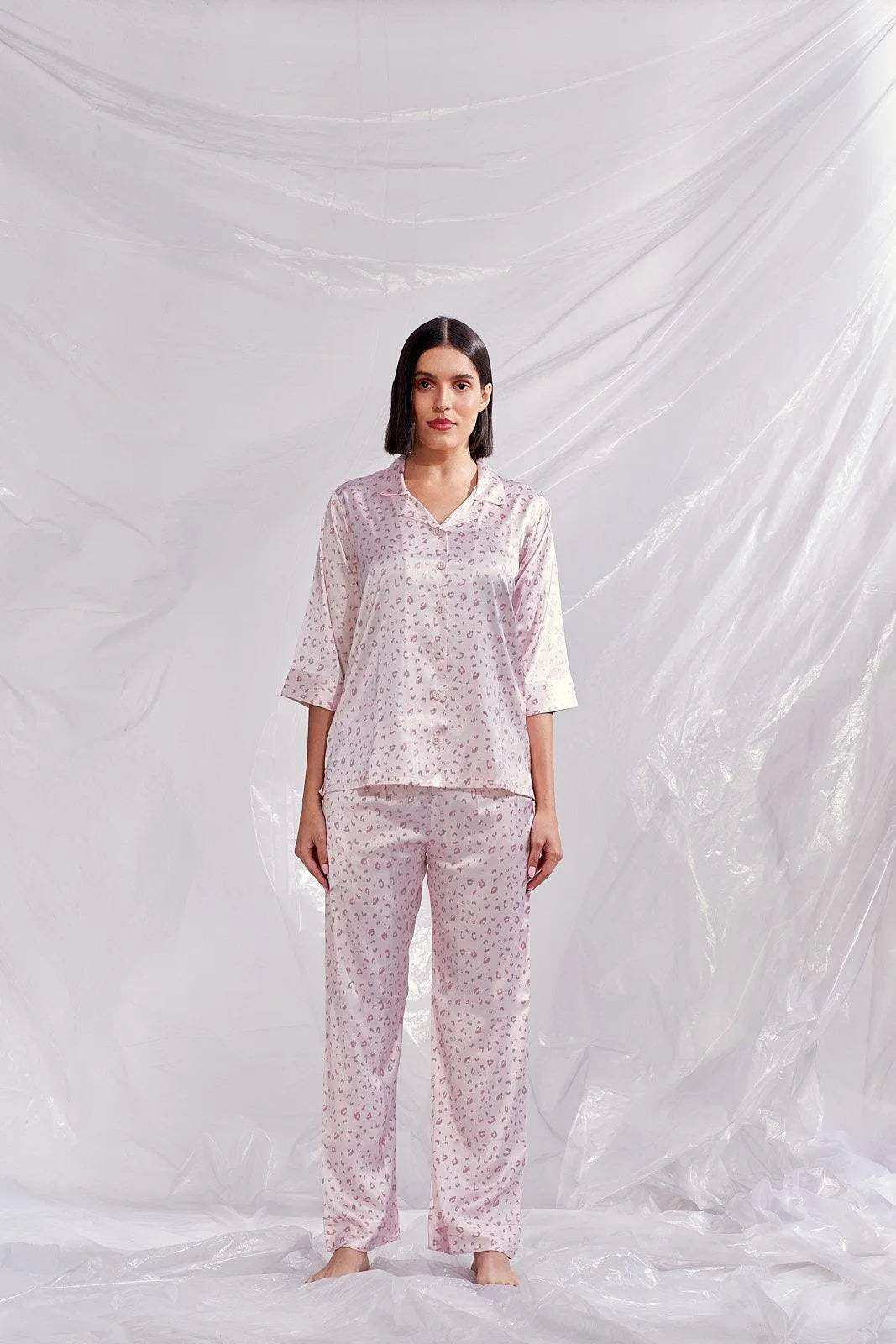 Velure Leopard Print Satin Night Suit - Velure - - 3/4 Sleeves, Collar Neck, Front Button Open, Full Length Pant, Satin