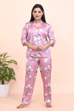 Velure Pink Blush Floral Print Night Suit - Velure - - 3/4 Sleeves, Collar Neck, Front Button Open, Full Length Pant, Satin