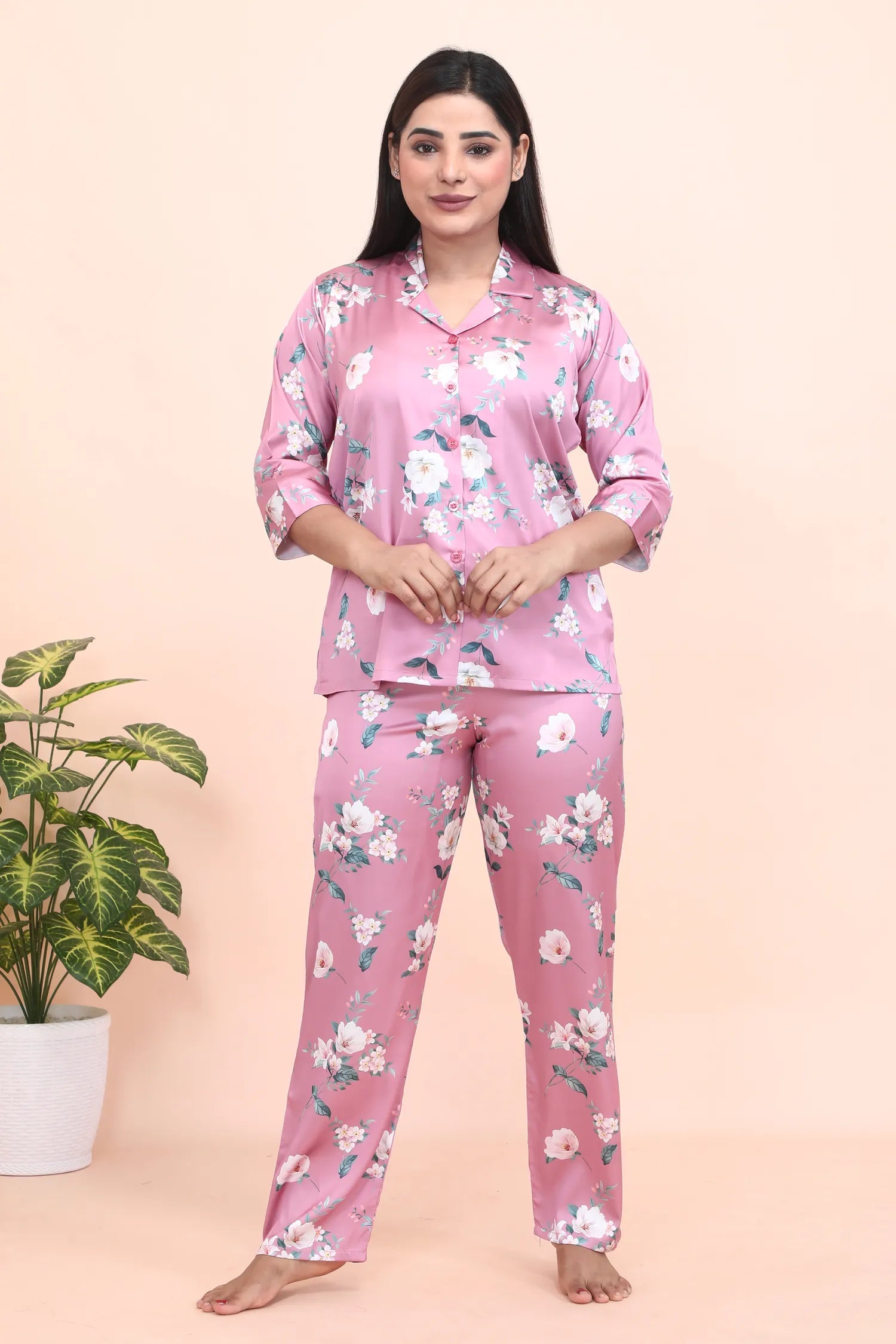 Velure Pink Blush Floral Print Night Suit - Velure - - 3/4 Sleeves, Collar Neck, Front Button Open, Full Length Pant, Satin