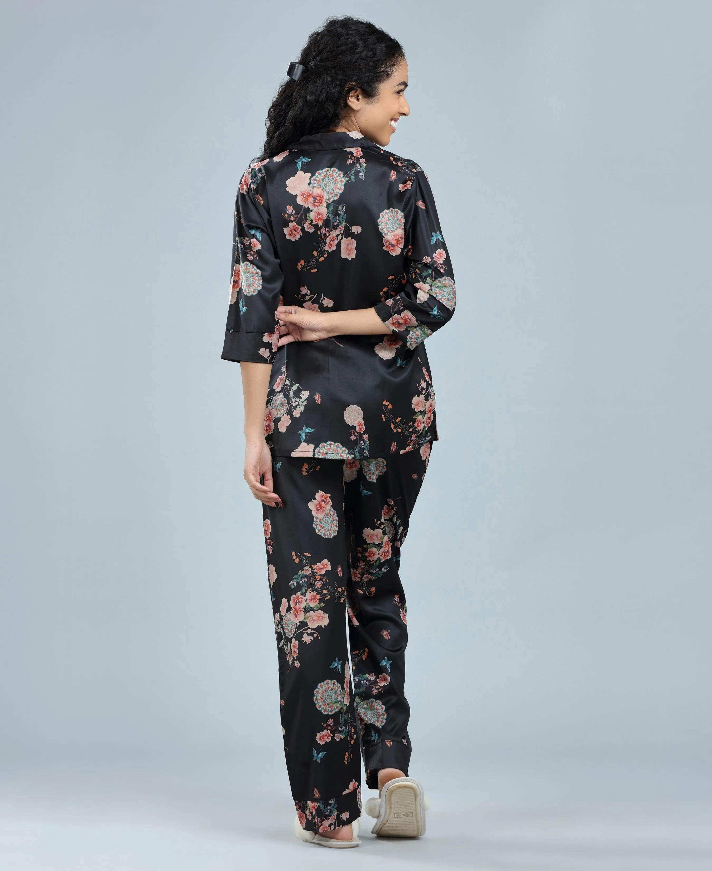 Velure Black Floral Satin Print Night Suit - Velure - - 3/4 Sleeves, Collar Neck, Floral Print, Front Button Open, Full Length Pant, Satin