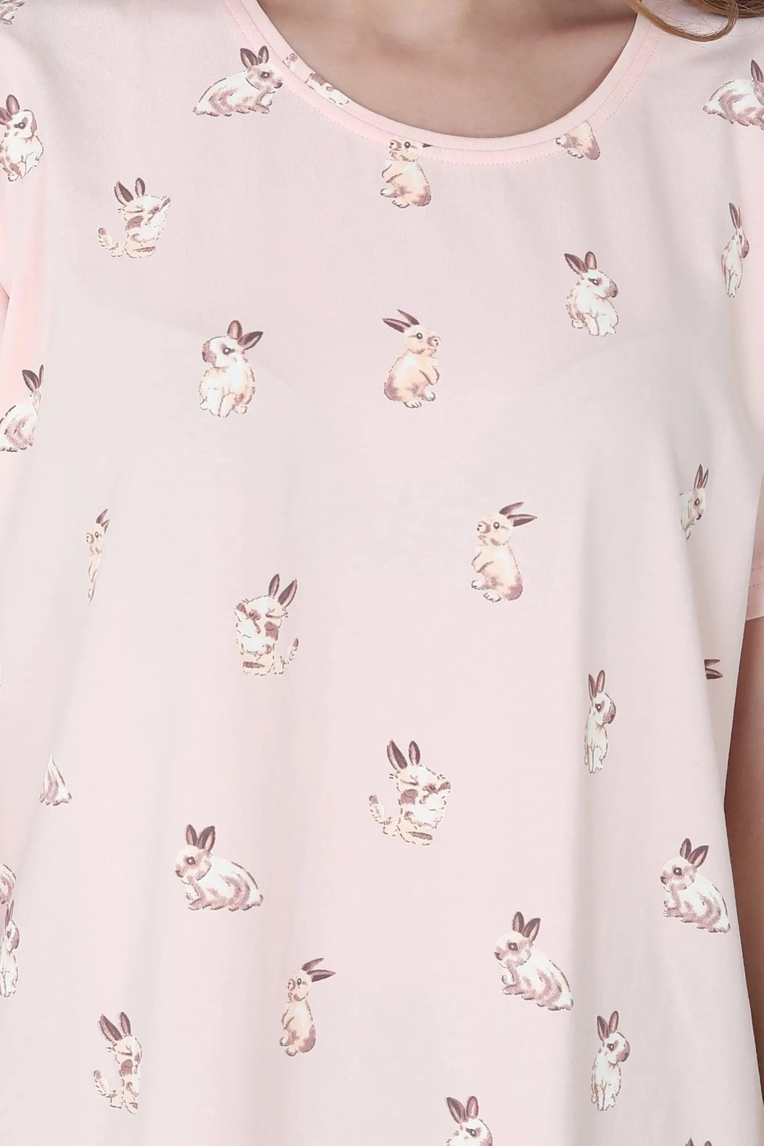 Velure Cartoon Bunny Print Short Nighty - Velure - Short Nighty - Cotton, Half Sleeves, Knee Length, Printed, Round neck