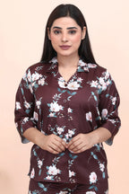 Velure Attractive Brown Floral Print Night Suit - Velure - - 3/4 Sleeves, Collar Neck, Front Button Open, Full Length Pant, Satin