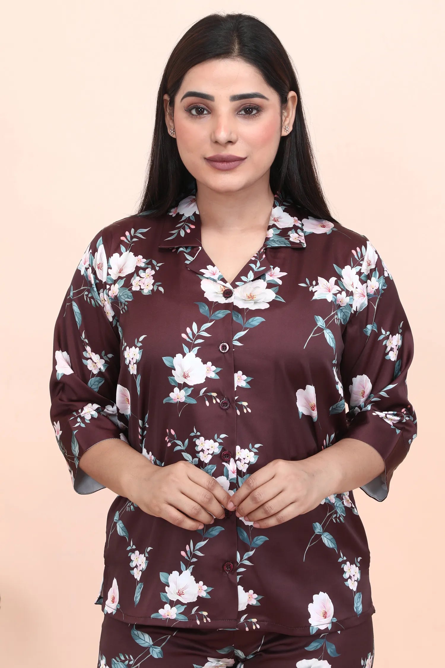 Velure Attractive Brown Floral Print Night Suit - Velure - - 3/4 Sleeves, Collar Neck, Front Button Open, Full Length Pant, Satin