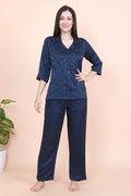 Velure Casual Polka Dot Satin Night Suit - Velure - - 3/4 Sleeves, Collar Neck, Front Button Open, Full Length Pant, Polka Dot, Satin