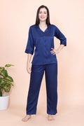 Velure Dazzling Floral Print Satin Night Suit - Velure - - 3/4 Sleeves, Collar Neck, Floral Print, Front Button Open, Full Length Pant, Printed, Satin