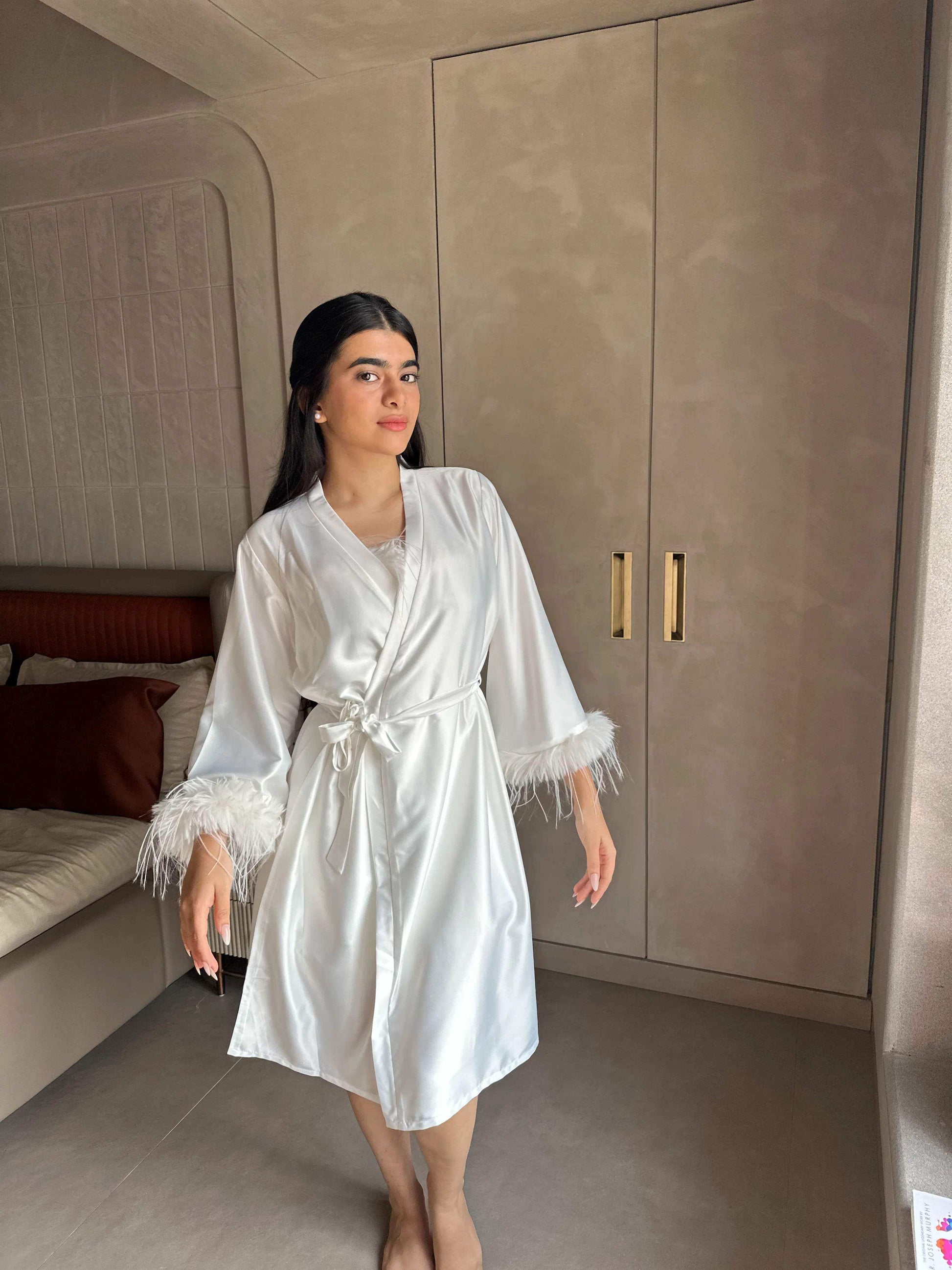 Velure White Satin 3 Piece Robe Set - Velure - - Fur, Robe, Satin, Shorts, Spaghetti