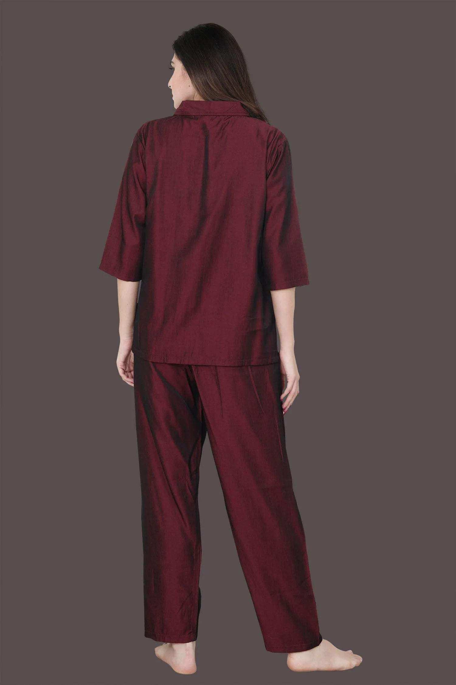 Velure Solid Maroon Casual Co-ord Set - Velure - - 3/4 Sleeves, Collar Neck, Cotton, Front Button Open, Full Length Pant
