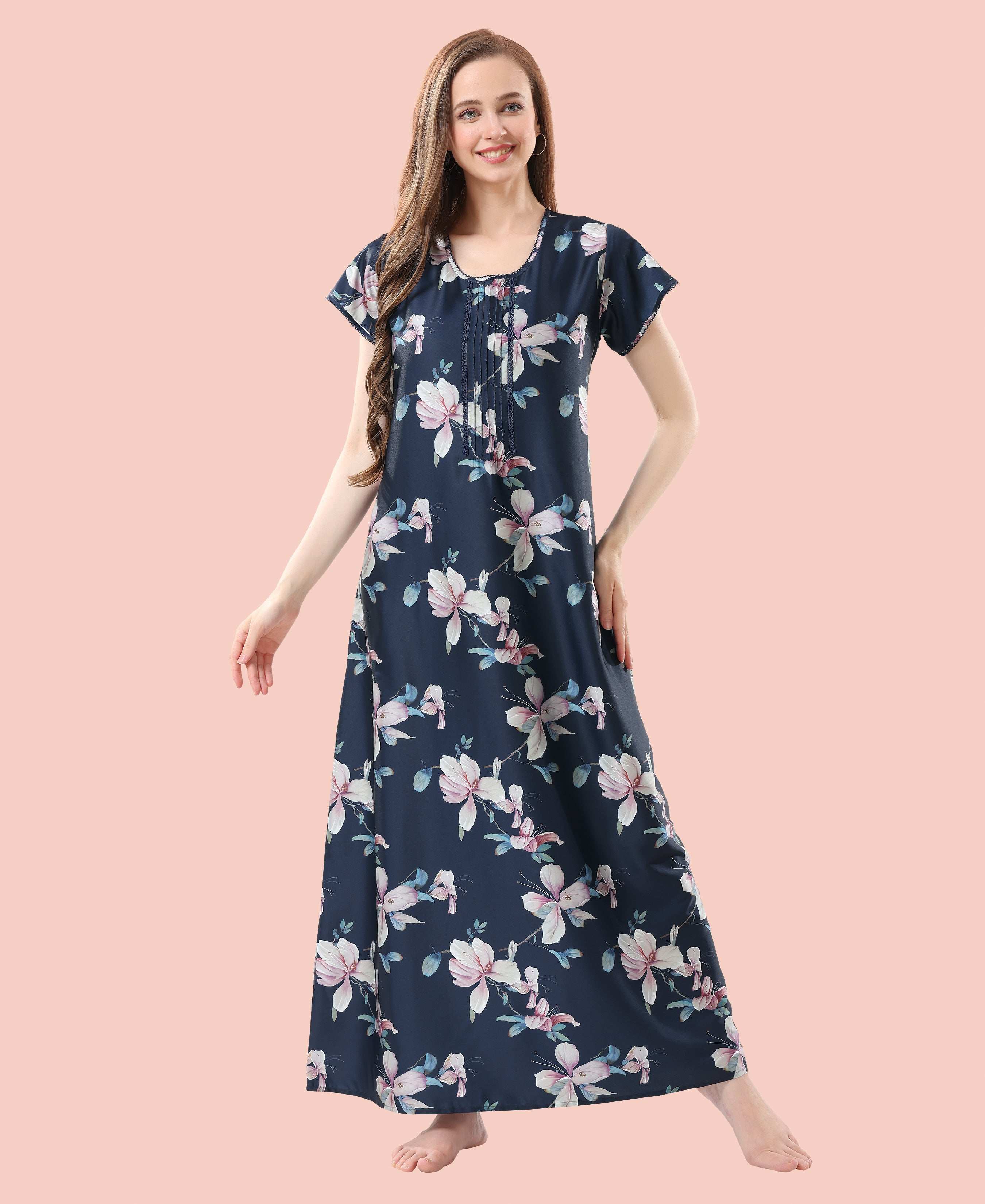 Velure Adorable Floral Print Satin Nighty - Velure - - Floral Print, Full Length Nighty, Half Sleeves Nighty