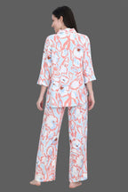 Velure Fusion Abstract Palazzo Co-ord Set - Velure - - 3/4 Sleeves, Collar Neck, Front Button Open, Full Length Pant, Linen