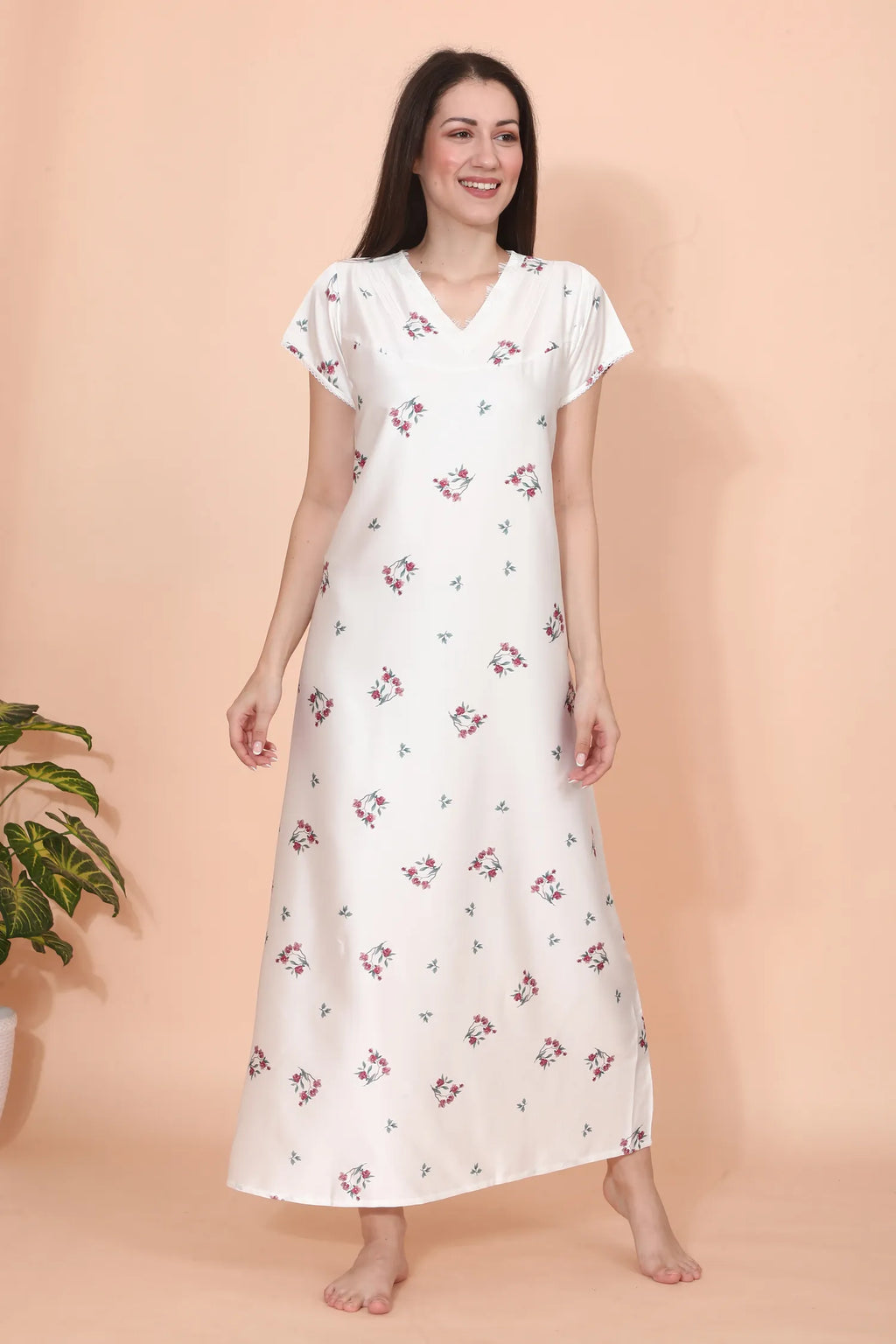 Velure Classic White Floral Print Satin Nighty