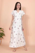 Velure Classic White Floral Print Satin Nighty
