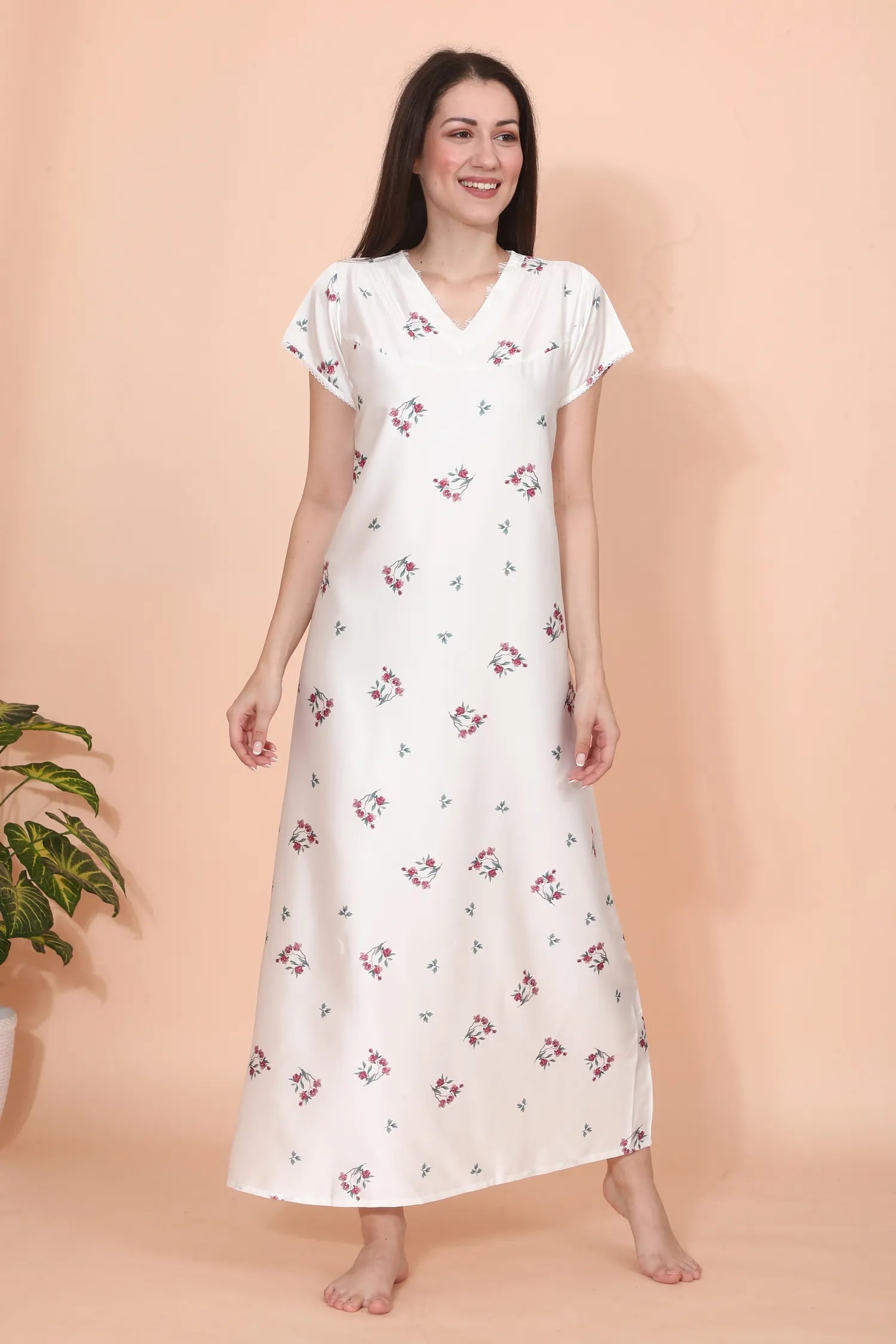 Velure Classic White Floral Print Satin Nighty