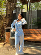 Velure Cute Blue Heart Printed Satin Fur Night Suit - Velure - - Detail-printedfur, Front Button Open, Full Length Pant, Fur, Satin