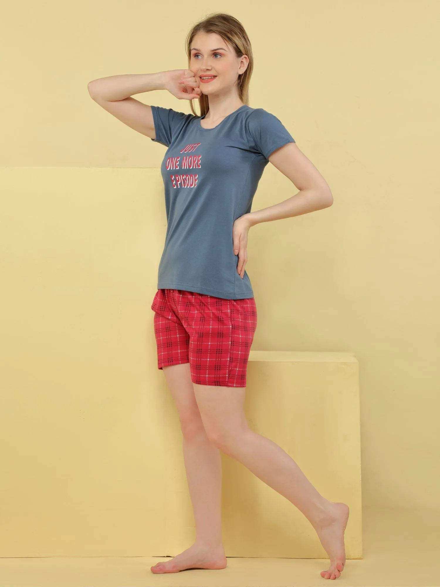 Just One More Episode Shorts Set - Velure - - Cotton, Half Sleeves, Printed, Round neck