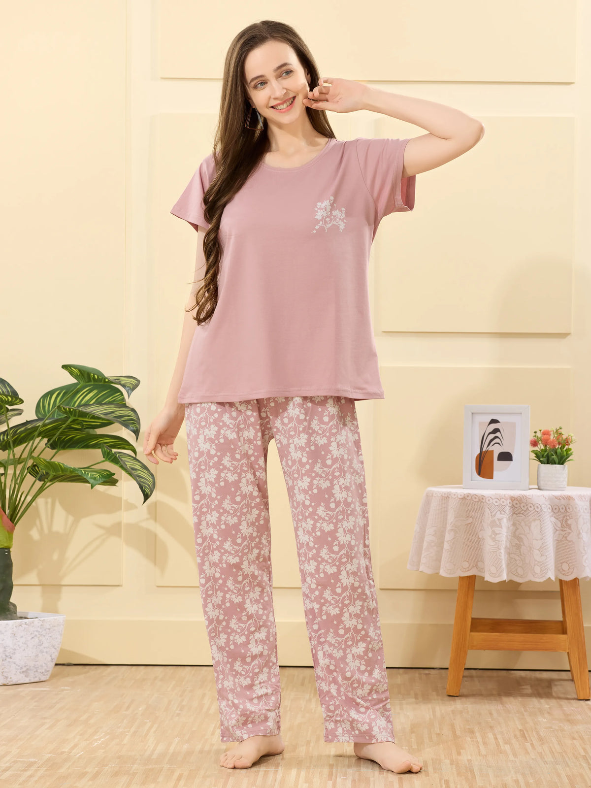 Velure Captivating Floral Print Pajama Set - Velure - - Cotton Lycra Fabric, Full Length Pant, Half Sleeves, Round neck nightsuit