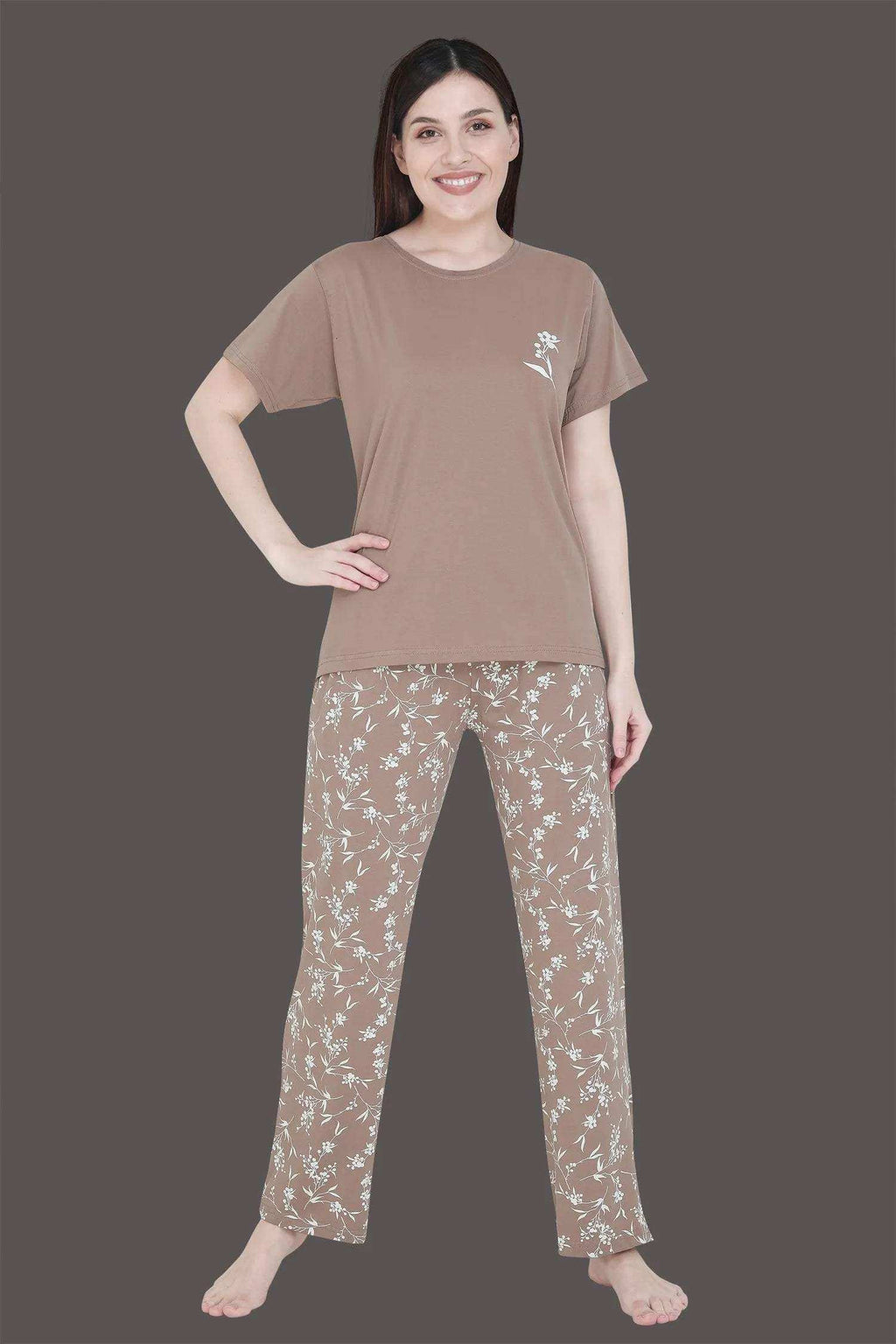 Velure Cute Floral Print Pajama Set - Velure - - Cotton Lycra Fabric, Floral Print, Full Length Pant, Half Sleeves, Round neck nightsuit