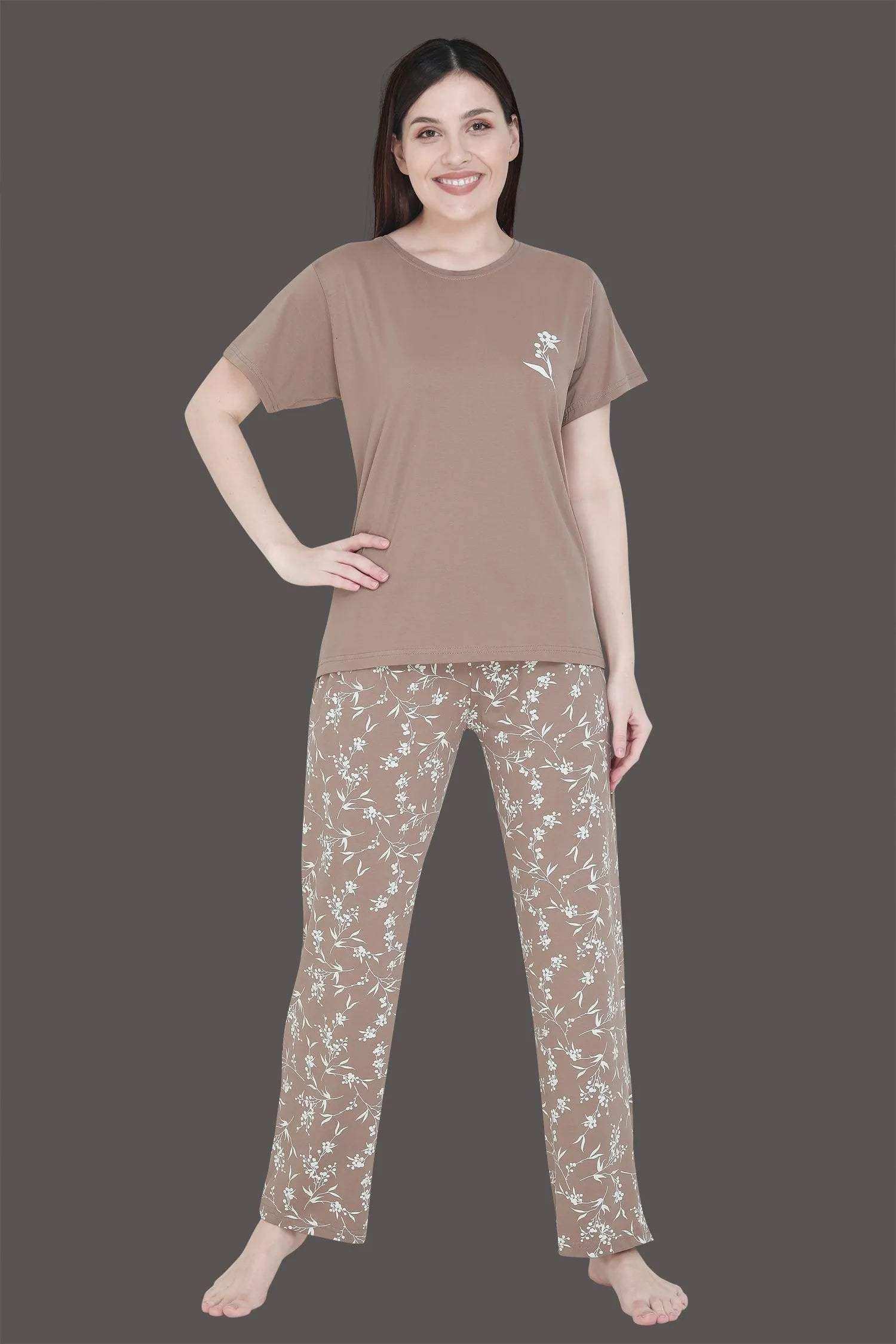 Velure Cute Floral Print Pajama Set - Velure - - Cotton Lycra Fabric, Floral Print, Full Length Pant, Half Sleeves, Round neck nightsuit