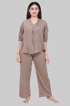 Velure Ethnic Brown Co-ord Set - Velure - - 3/4 Sleeves, Cotton, Full Length Pant, V Neck