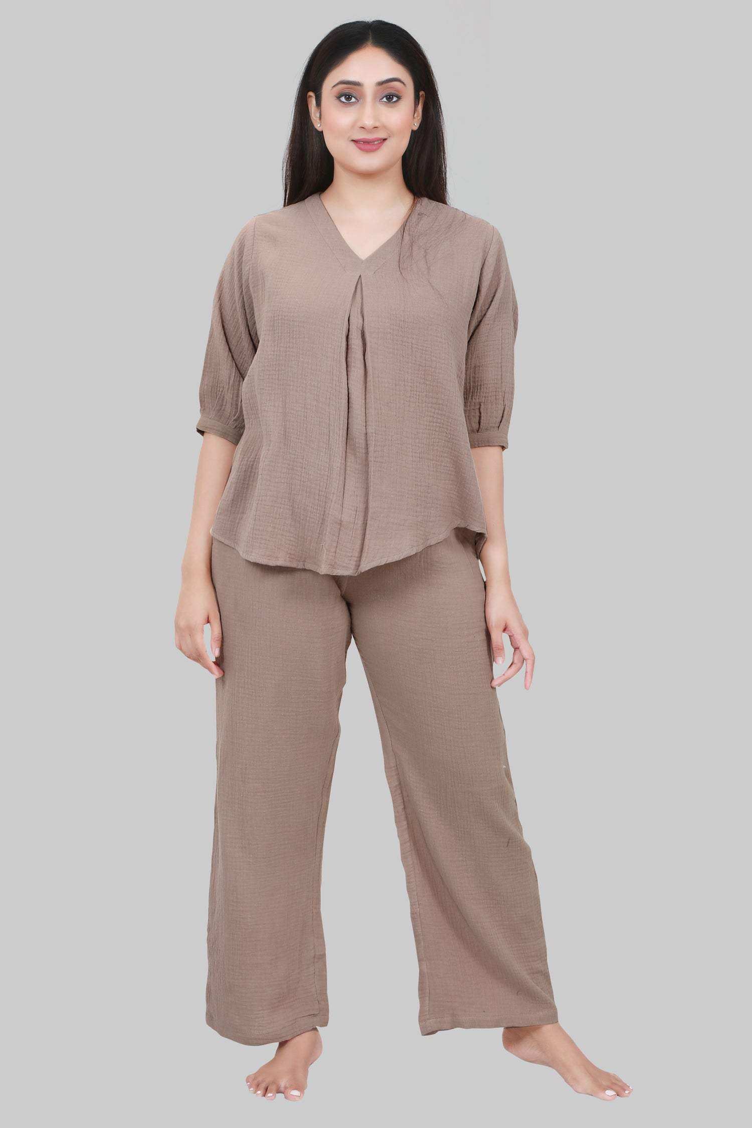 Velure Ethnic Brown Co-ord Set - Velure - - 3/4 Sleeves, Cotton, Full Length Pant, V Neck