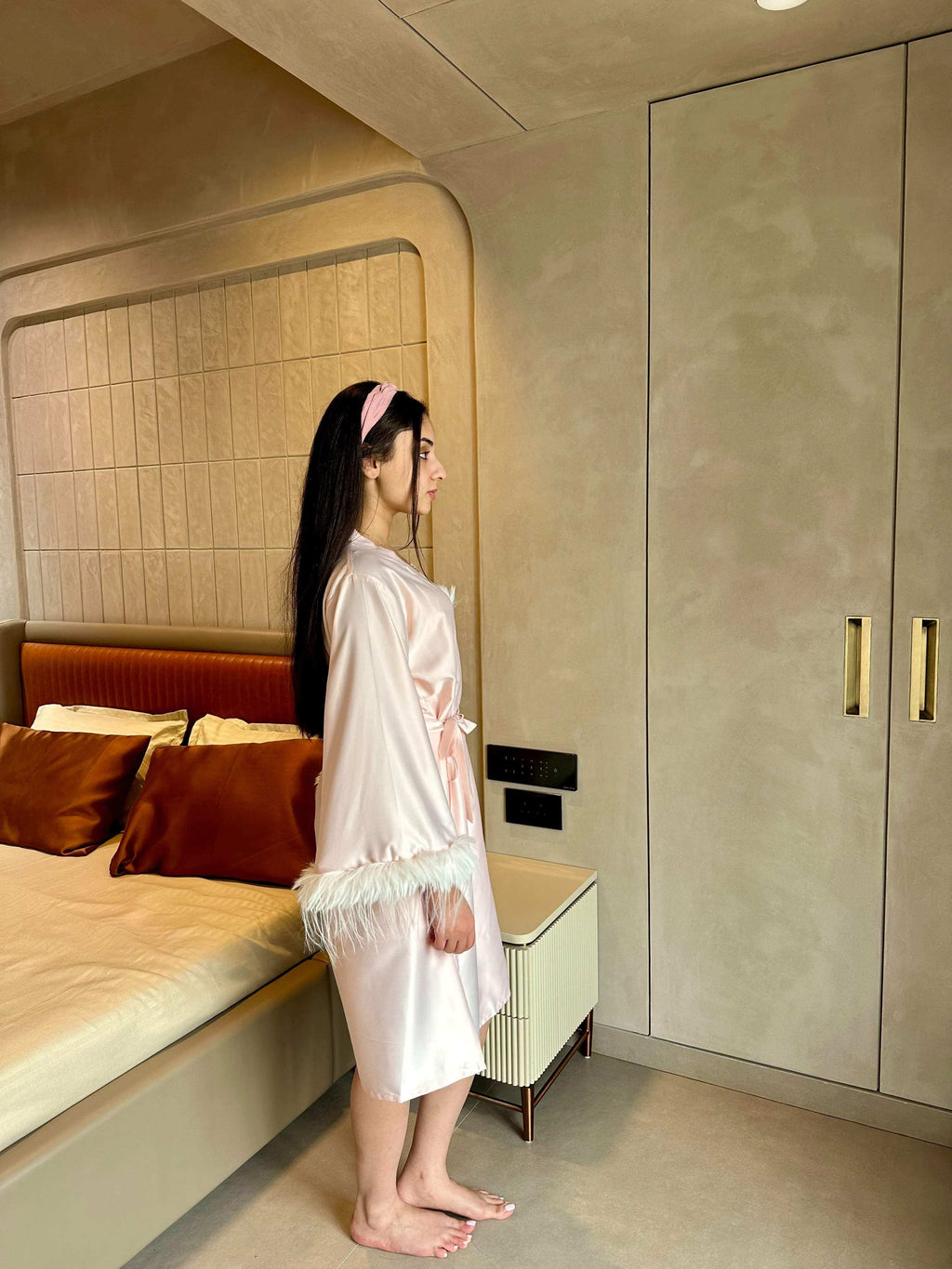 Velure Playful Soft Pink Robe (Only Robe) - Velure - - 3/4 Length, Center Drawstring, Robe, Satin