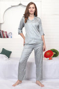 Velure Attractive Floral Print Satin Night Suit - Velure - - 3/4 Sleeves, Collar Neck, Floral Print, Front Button Open, Full Length Pant, Satin