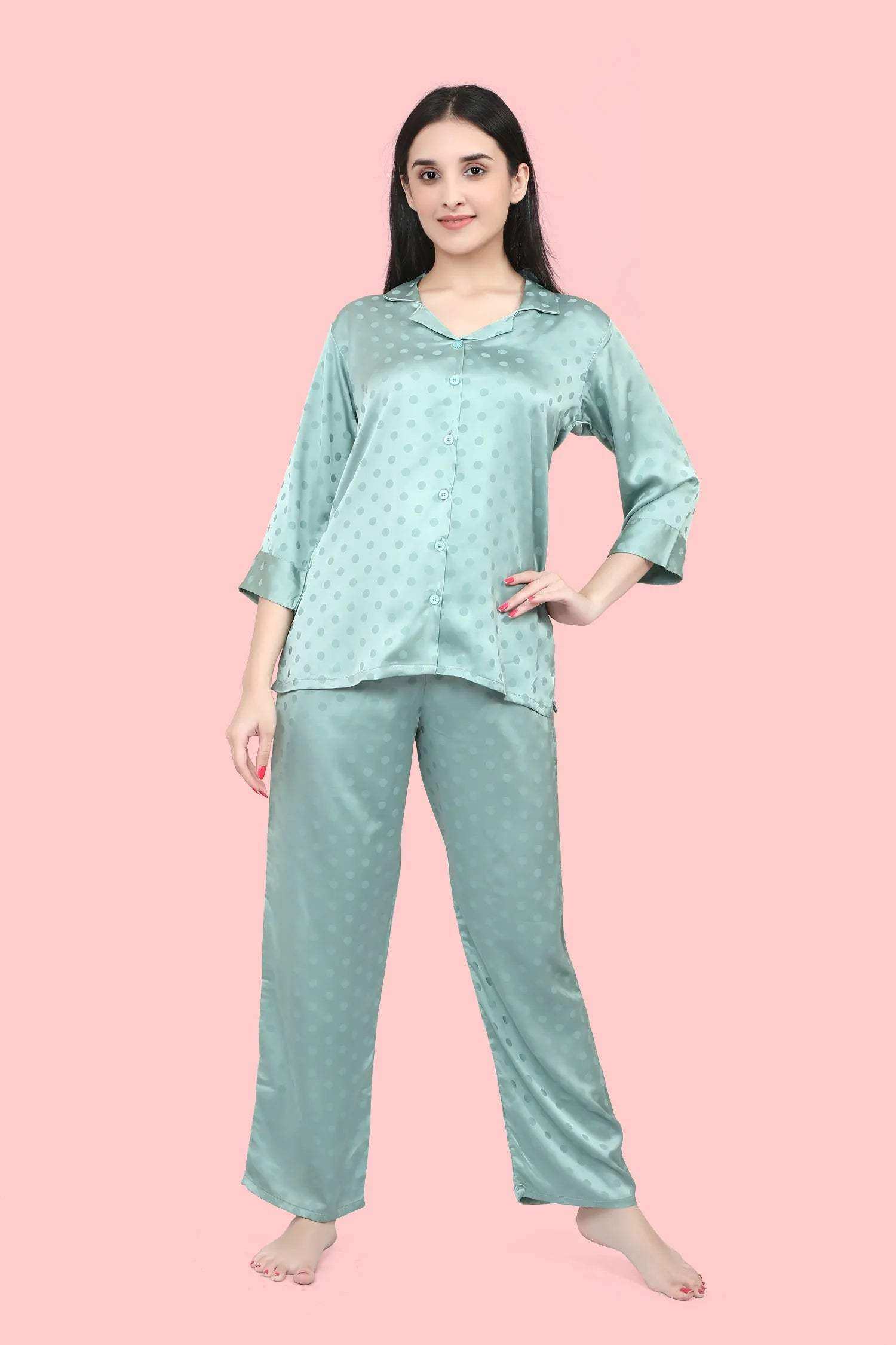 Velure Polka Dot Satin Night Suit - Velure - - 3/4 Sleeves, Collar Neck, Front Button Open, Full Length Pant, Polka Dot, Satin