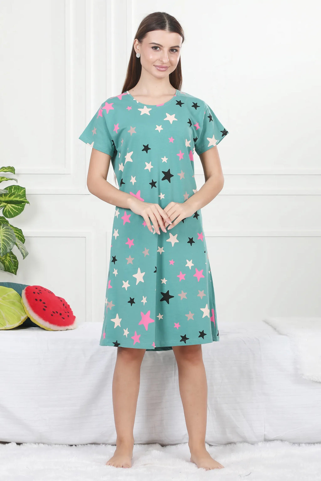 Velure Glossy Star Print Short Nighty - Velure - - Cotton, Half Sleeves, Knee Length, Printed, Round neck