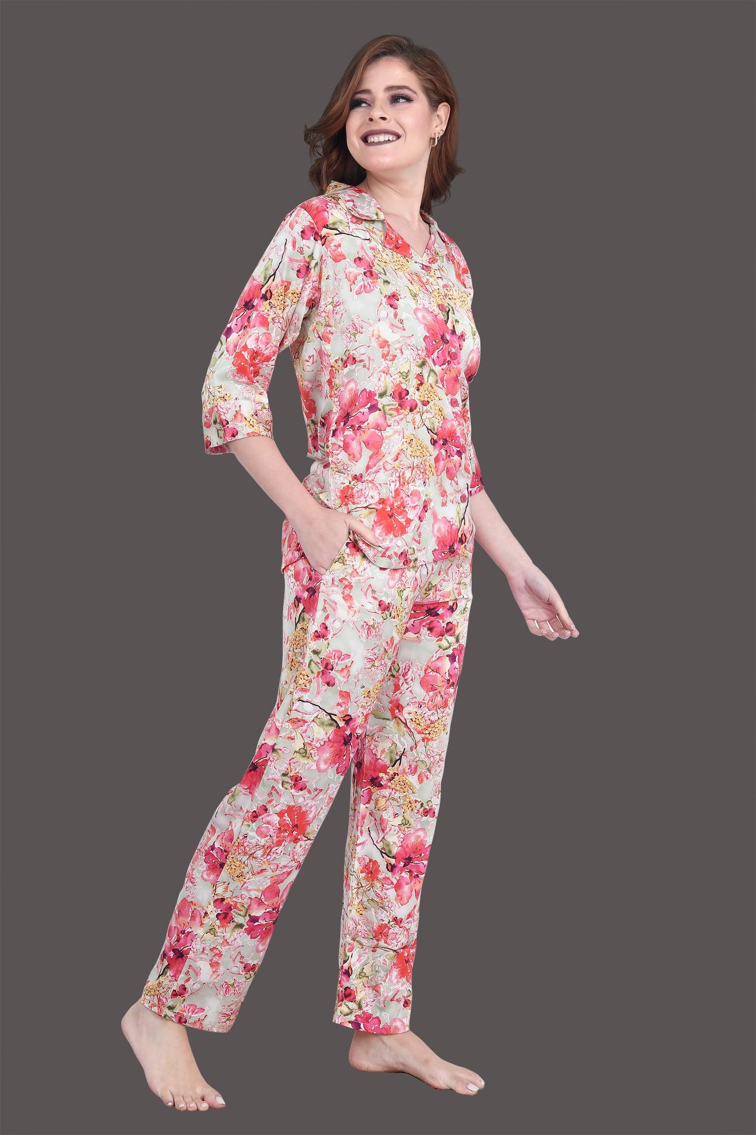 Velure Luxurious Floral Print Satin Night Suit - Velure - Shirt and Pant - 3/4 Sleeves, Collar Neck, Floral Print, Front Button Open, Full Length Pant, Satin