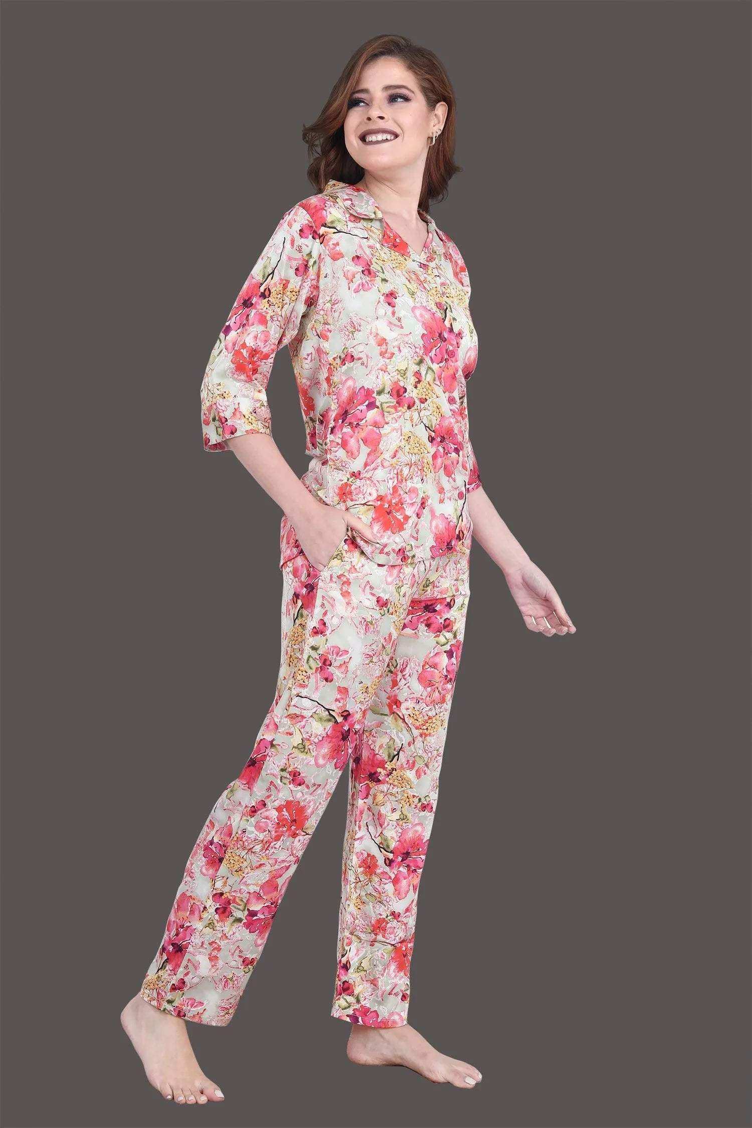 Velure Luxurious Floral Print Satin Night Suit - Velure - - 3/4 Sleeves, Collar Neck, Floral Print, Front Button Open, Full Length Pant, Satin