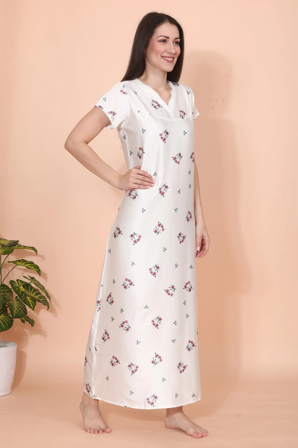 Velure Classic White Floral Print Satin Nighty
