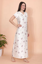 Velure Classic White Floral Print Satin Nighty