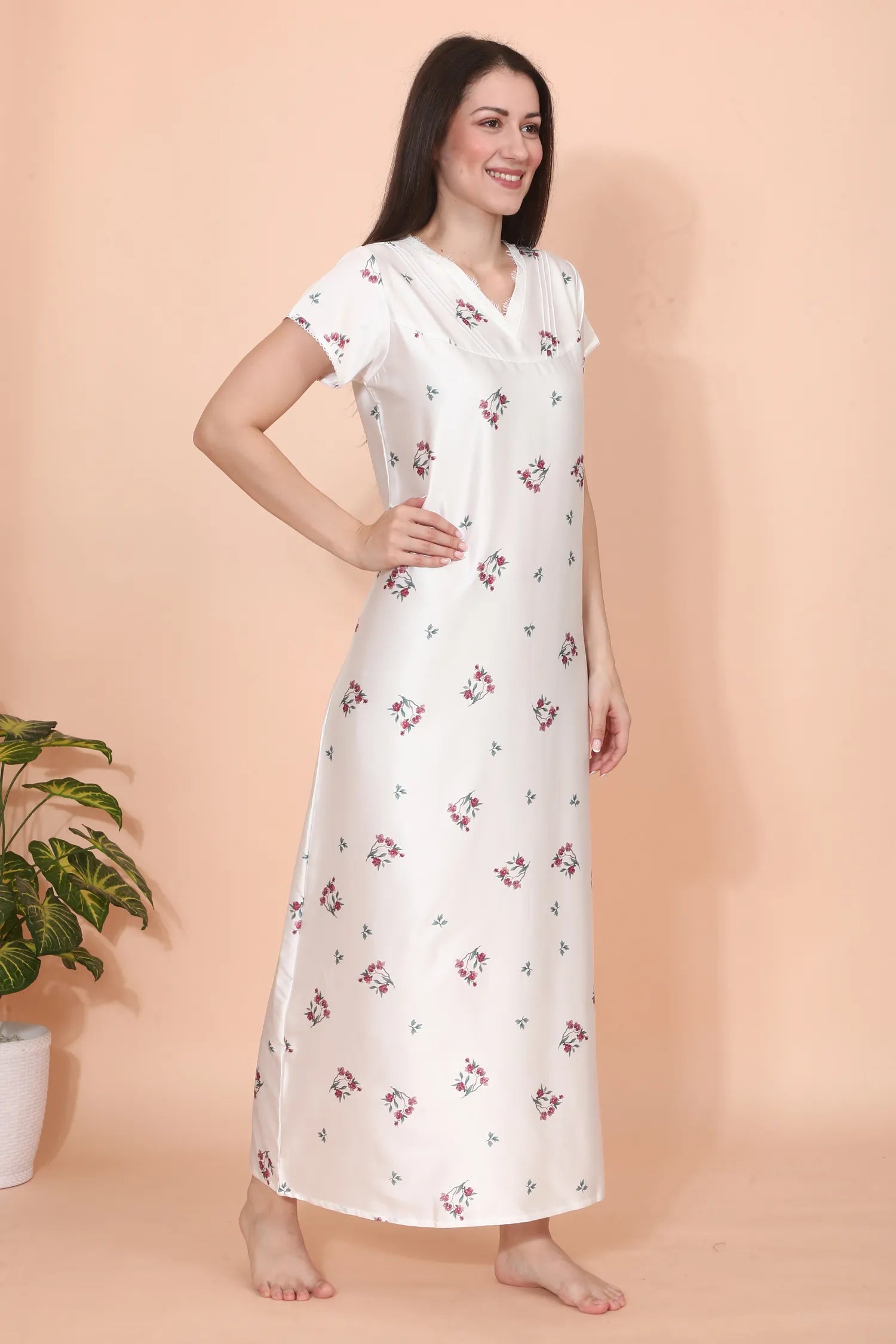Velure Classic White Floral Print Satin Nighty